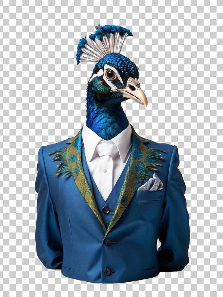 PSD un pavo real azul y dorado con una corona en la cabeza