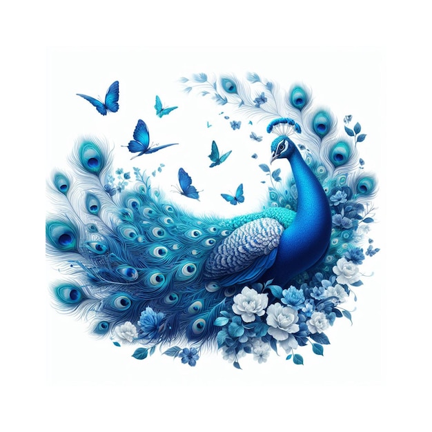 PSD el pavo real azul jugando con la imagen de dibujos animados de mariposa