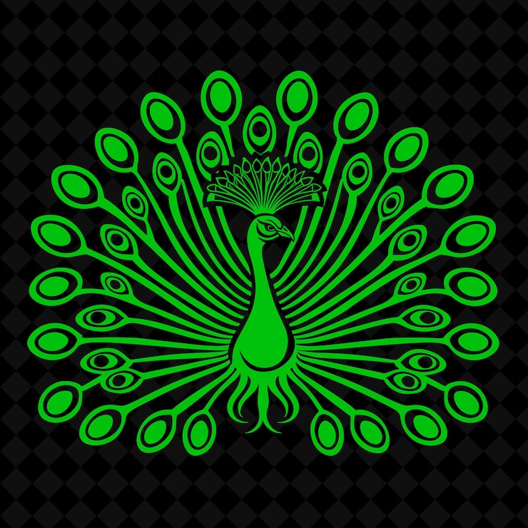 PSD pavo real verde sobre un fondo negro con un patrón de plumas verdes y amarillas