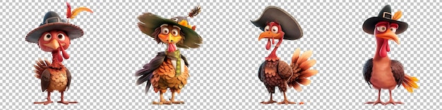 Los pavos de dibujos animados con trajes festivos aislados en un fondo transparente