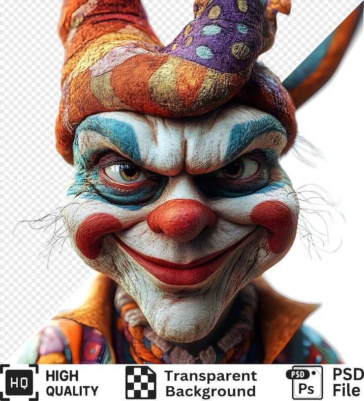PSD un payaso espeluznante con una sonrisa retorcida y un sombrero de jester39s aislado en un fondo transparente