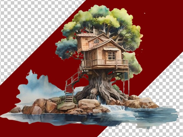 PSD paysage à l'aquarelle 3d avec un vieil arbre et une maison d'arbre.