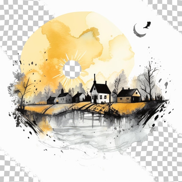 PSD paysage aquarelle avec mascara noir illustrant des silhouettes abstraites de village avec des éclaboussures de peinture noire sur un logo de style carte postale sur fond transparent