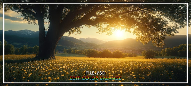 PSD le paysage des arbres de la prairie au coucher du soleil