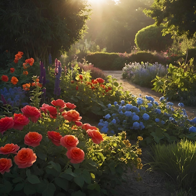 PSD le paysage coloré du jardin de fleurs