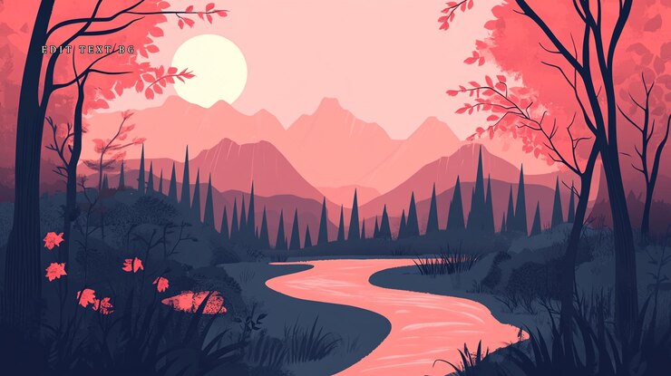 PSD paysage de coucher de soleil rose avec des montagnes fluviales et des arbres