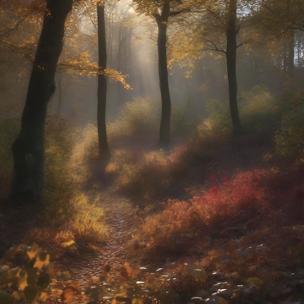 PSD le paysage forestier d'automne le matin