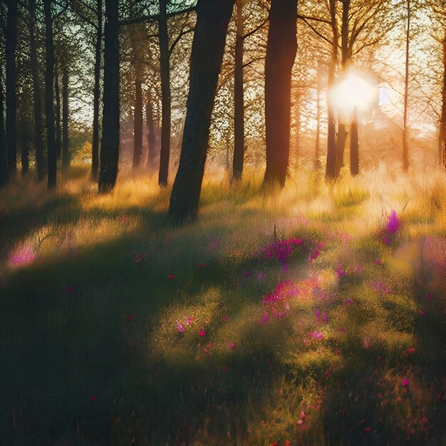 PSD paysage forestier de printemps avec des feuilles colorées, des arbres et de l'herbe le matin.