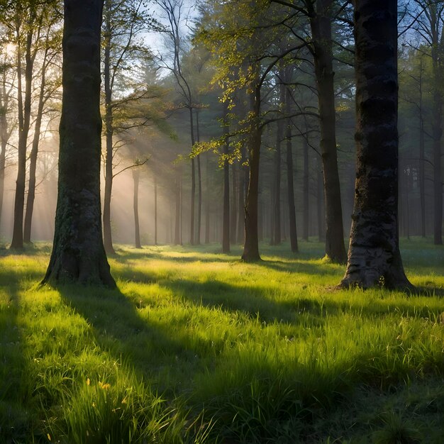 PSD paysage forestier de printemps avec des feuilles colorées, des arbres et de l'herbe le matin.