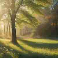 PSD paysage forestier de printemps avec des feuilles colorées, des arbres et de l'herbe le matin.