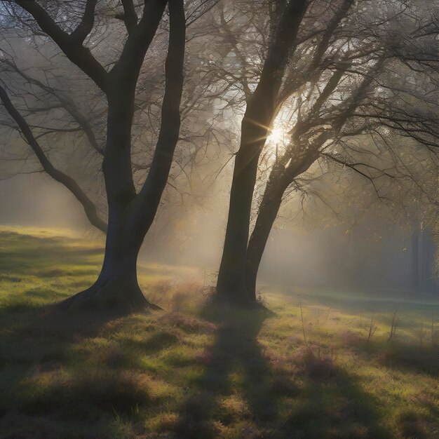 PSD paysage forestier de printemps avec des feuilles colorées, des arbres et de l'herbe le matin.