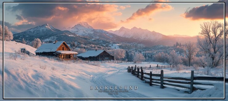 PSD un paysage de montagne enneigé avec une cabane en bois et une clôture au lever du soleil