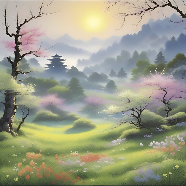 PSD paysage de prairies de fleurs sauvages de printemps dans un style traditionnel japonais