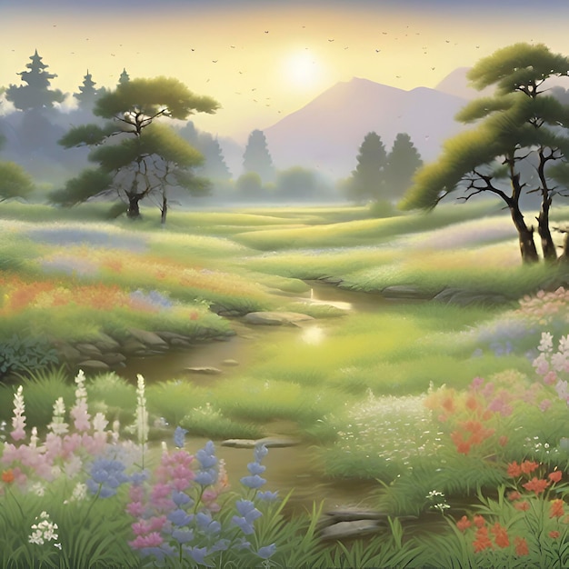 Paysage De Prairies De Fleurs Sauvages De Printemps Dans Un Style Traditionnel Japonais