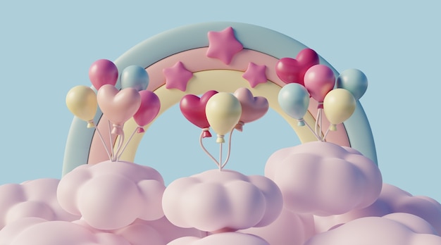 paysage de rêve 3d avec des nuages et des éléments de conte de fées