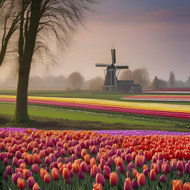 PSD paysage rural des champs de tulipes néerlandais