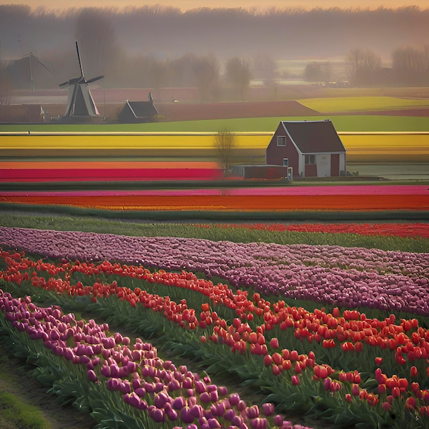 PSD paysage rural des champs de tulipes néerlandais