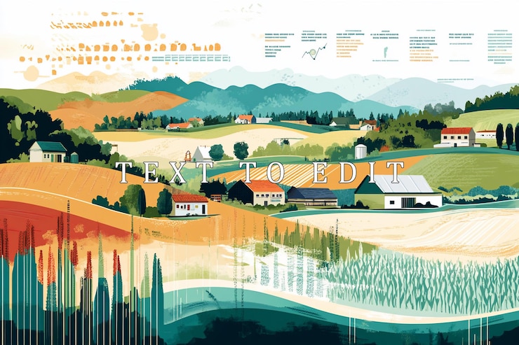 PSD paysage rural idyllique avec des collines, des fermes et des champs visualisations de données intégrées