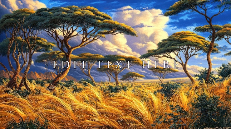 PSD le paysage de la savane africaine au coucher du soleil avec des acacias et de l'herbe haute