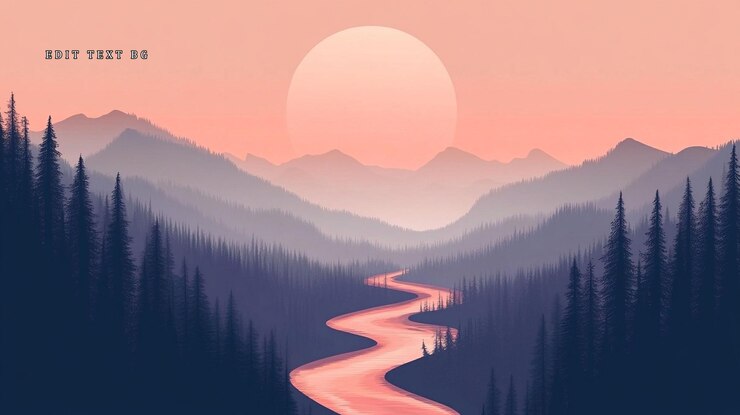 PSD un paysage serein au coucher du soleil avec une rivière sinueuse qui coule à travers une vallée montagneuse brumeuse