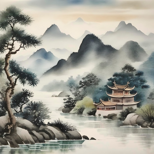 PSD un paysage traditionnel chinois tranquille aigénéré