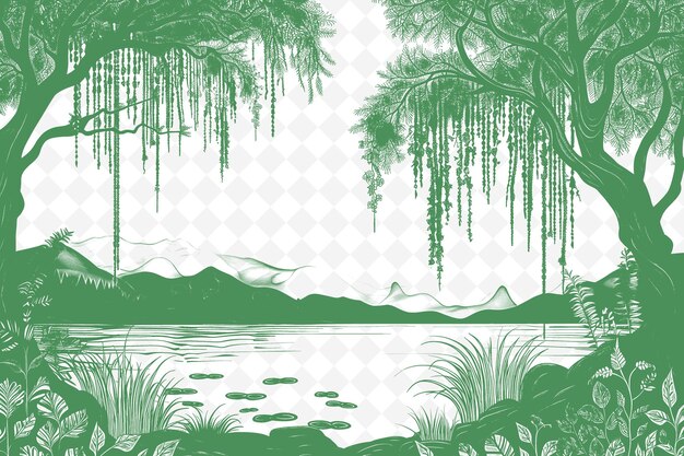 PSD paysage tropical avec un lac et des palmiers