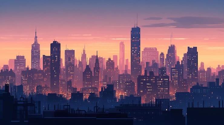 PSD le paysage urbain au crépuscule avec des gratte-ciel en silhouette