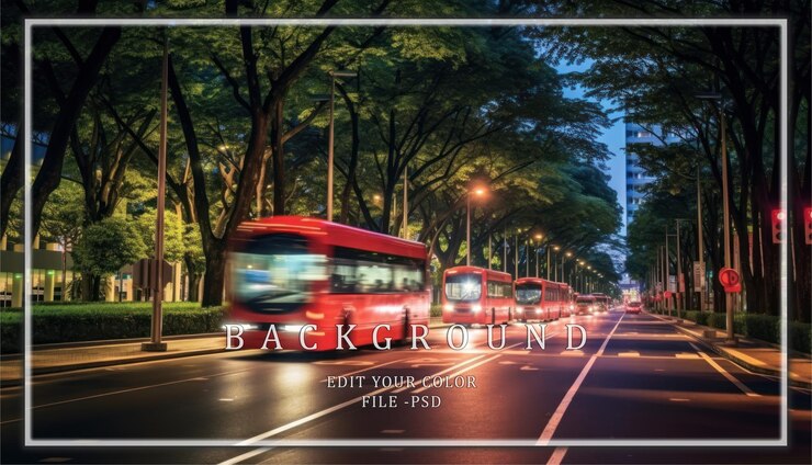 PSD le paysage urbain nocturne avec des bus floues