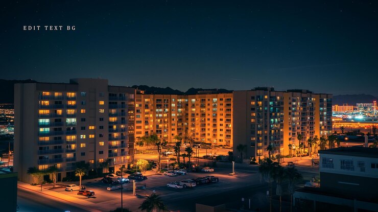 PSD paysage urbain nocturne avec des immeubles d'appartements éclairés, un parking et des palmiers