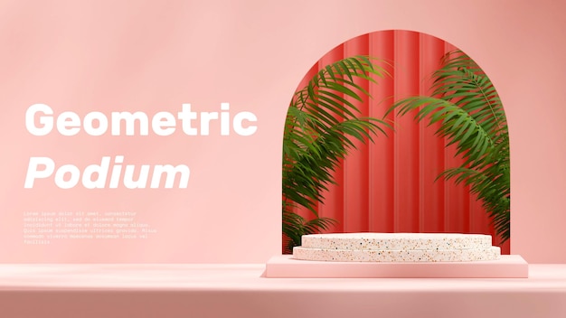 En paysage vert palmier porte couleur rose image de rendu 3d maquette vierge cylindre terrazzo podium