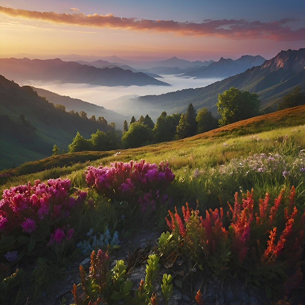 PSD des paysages colorés de la montagne le matin