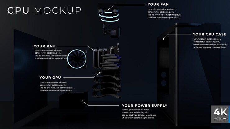 PSD pc da gioco con specifica infografica 3d render