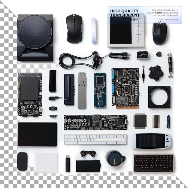 PC-Einrichtung mit Computerhardware und Peripheriegeräten auf durchsichtigem Hintergrund