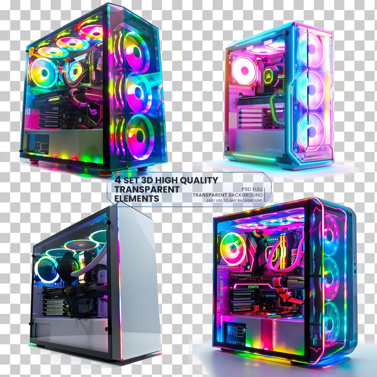 PSD pc de juegos de aspecto futurista con led rgb en fondo transparente