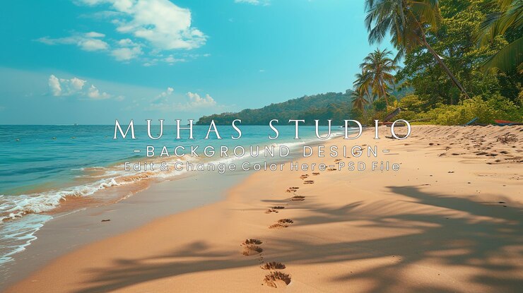 PSD peaceful beach scene with palm trees and footprints