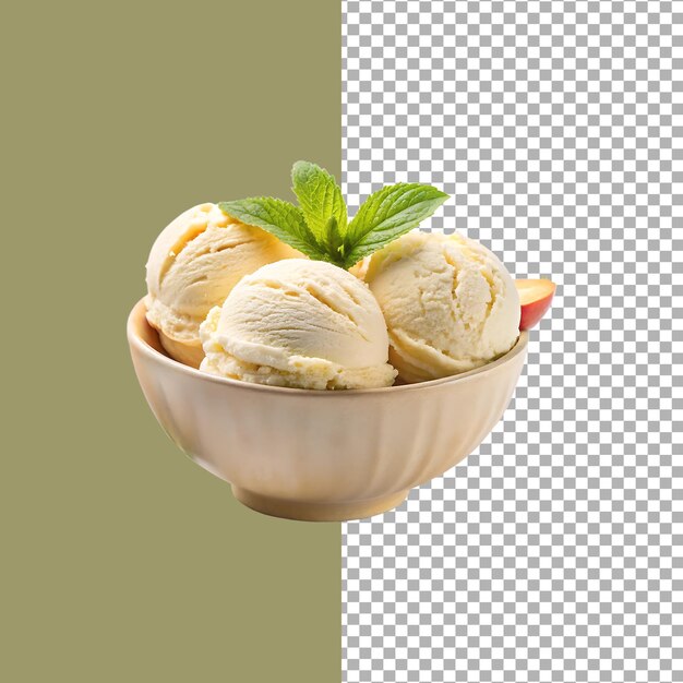 Peach ice cream scoops in a bowl with mint and a peach slice