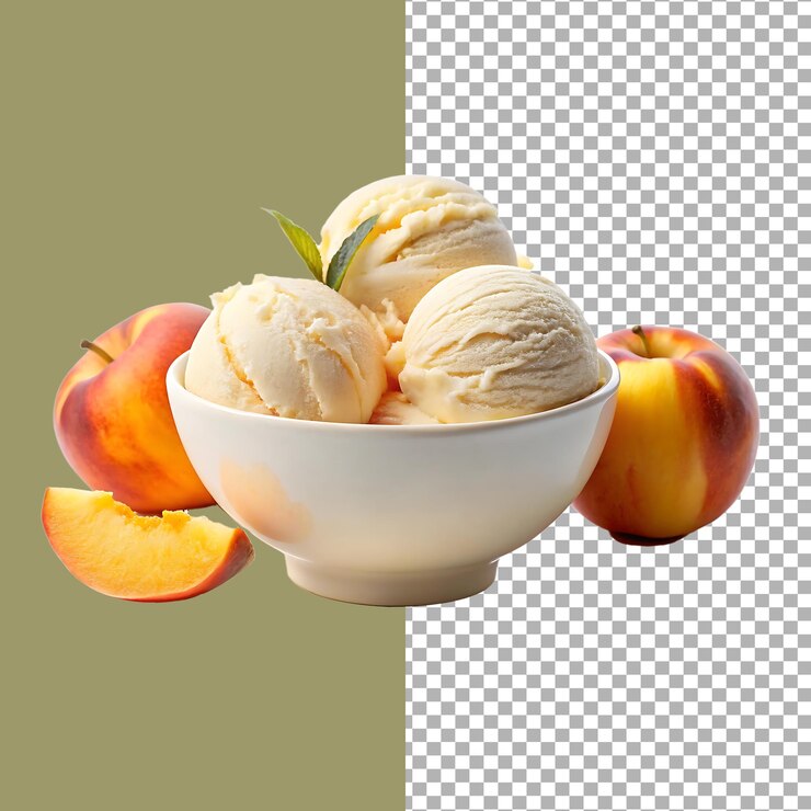 Peach Ice Cream Scoops in a White Bowl with Peaches