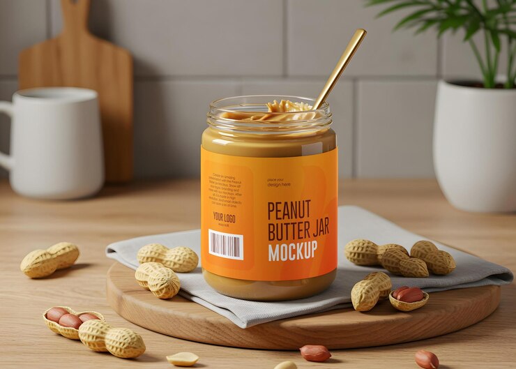 Peanut Butter Jar Mockup with Peanuts and Spoon on Wooden Board