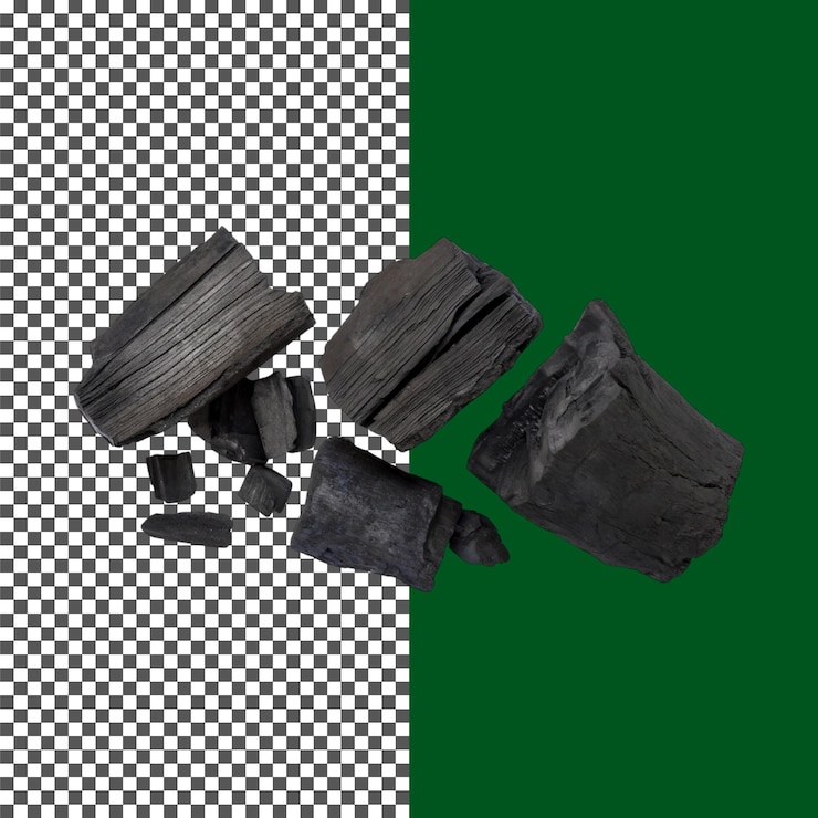 PSD peças realistas de carvão para cozinha e materiais de arte em fundo transparente png psd