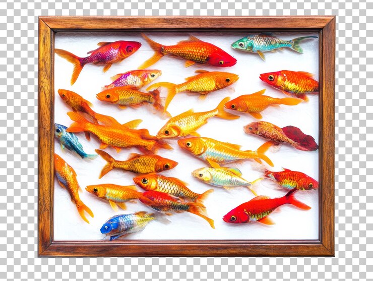 PSD peces dorados de colores dispuestos en un marco de exhibición decorativo transparente