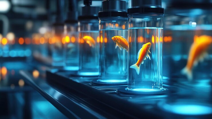 PSD peces dorados nadando en tubos de vidrio en una línea de ensamblaje futurista