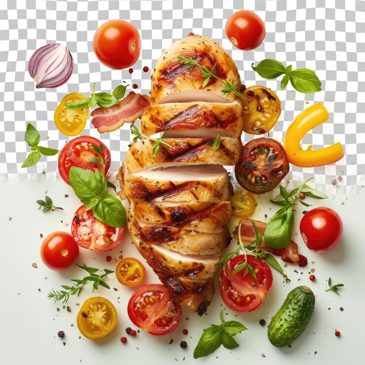 PSD una pecha de pollo con tomates tomates y tomates en un plato
