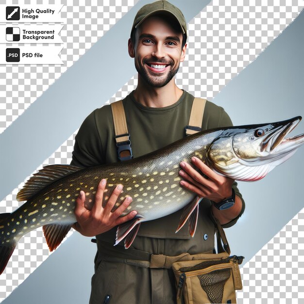 PSD pêcheur psd avec un poisson sur fond transparent avec couche de masque modifiable