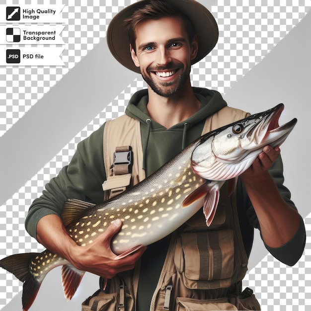 PSD pêcheur psd avec un poisson sur fond transparent avec couche de masque modifiable