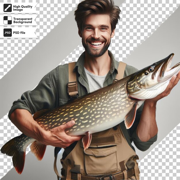 PSD pêcheur psd avec un poisson sur fond transparent avec couche de masque modifiable