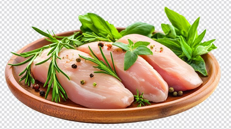 PSD pecho de pollo fresco filete de hierbas especias plato de madera alimentos