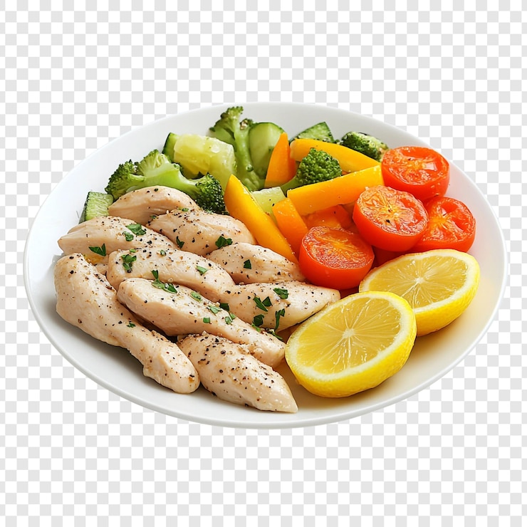 PSD pecho de pollo a la parrilla con verduras en un plato blanco