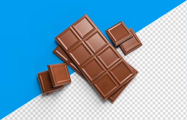 Pedaços de chocolate ao leite isolados no fundo branco da vista superior ilustração 3d renderização em 3d