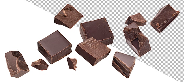 Pedaços de chocolate caindo isolados no fundo branco