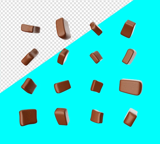 PSD pedaços de chocolate e pedaços caindo na ilustração 3d de fundo branco